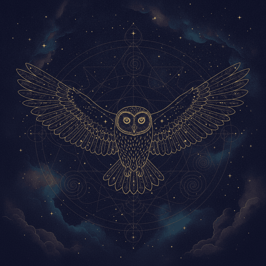 An owl in flight, its feathers traced in gold constellation-light