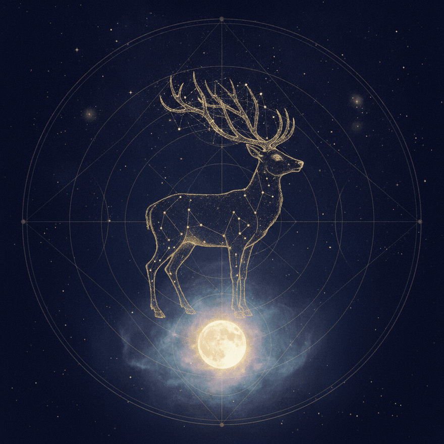 A stag of gold constellation-light beneath a luminous moon